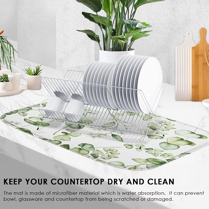 Sanwarm Absorbent Dish Drying Mat, Vintage Summer Eucalyptus Leaves Flower Microfiber Pad for Kitchen Counter, Coffee Bar Decor, Heat Resistant and Reversible, 16" x 18"