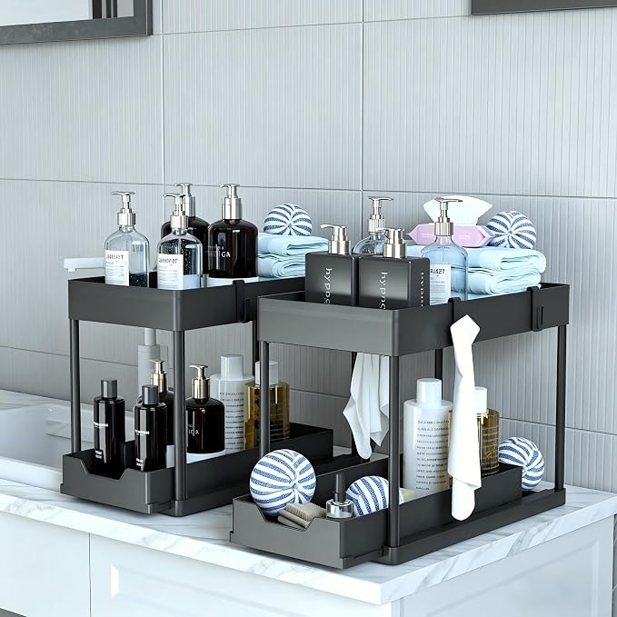 DEKAVA Under Sink Organizer 2 Pack, Bathroom Cabinet Organizer, 2 Tier Sliding Cabinet Basket Organizer Drawer, Multi-Purpose Bath Collection Baskets for Bathroom (Black)