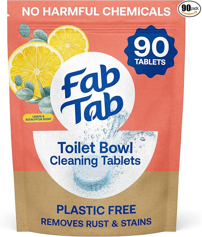 Fab Tab Toilet Cleaner Tablets for Bowl, Powerful Active Toilet Stain and Rust Removal, No Plastic or Harmful Chemicals, Safe for Regular and Septic Tanks, Lemon & Eucalyptus Scent - 90 Pack
