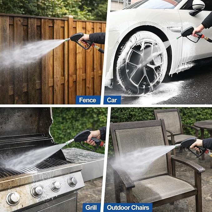 TOOLCY Pro Short Pressure Washer Gun Stainless Steel 3/8" Swivel Fitting | 5000 PSI 1/4" Quick Connect Outlet M22-14mm Male Thread Adapter with 5 Nozzle Tips For Foam Cannon