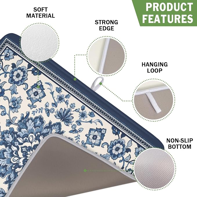 Blue Floral Dish Drying Mat for Kitchen Counter Vintage Flower Pattern Microfiber Dish Drainer Mat Rustic Farmhouse Absorbent Washable Drying Pad Extra Large 16"x18"