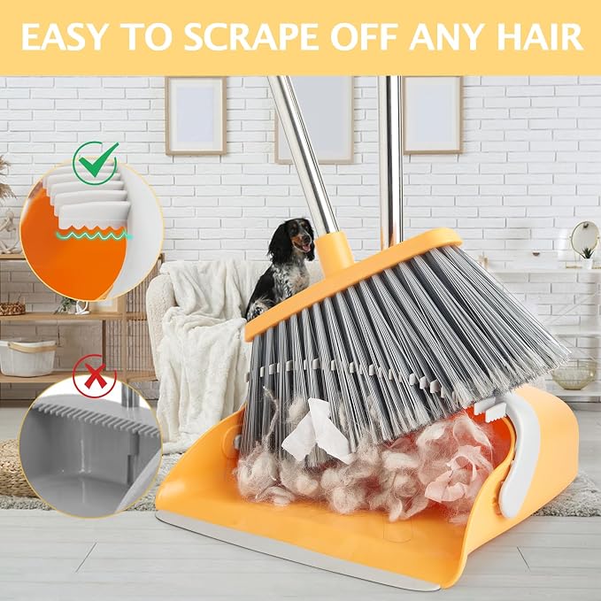Broom and Dustpan Combo Set,Long Handle, Gray Yellow | Heavy Dust, Dustpans with Broom Combo for Home, Kitchen, Office, Classroom,Apartment, Pet Hair