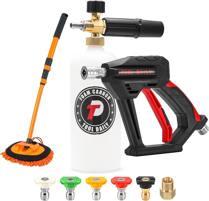 Tool Daily Short Pressure Washer Gun with Foam Cannon, Car Wash Brush | 15° Curved Car Washing Brush with Long Handle, 5 Spray Nozzle Tips, 1/4 Inch Quick Connect