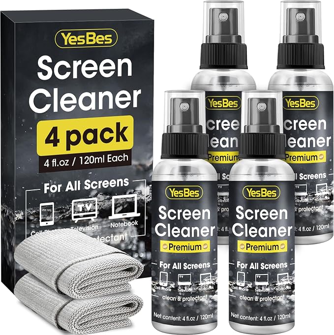 Screen Cleaner Spray 16oz (4oz x 4 Pack) - TV & Computer Screen Cleaner with 2 Microfiber Cloths for Multiple Devices