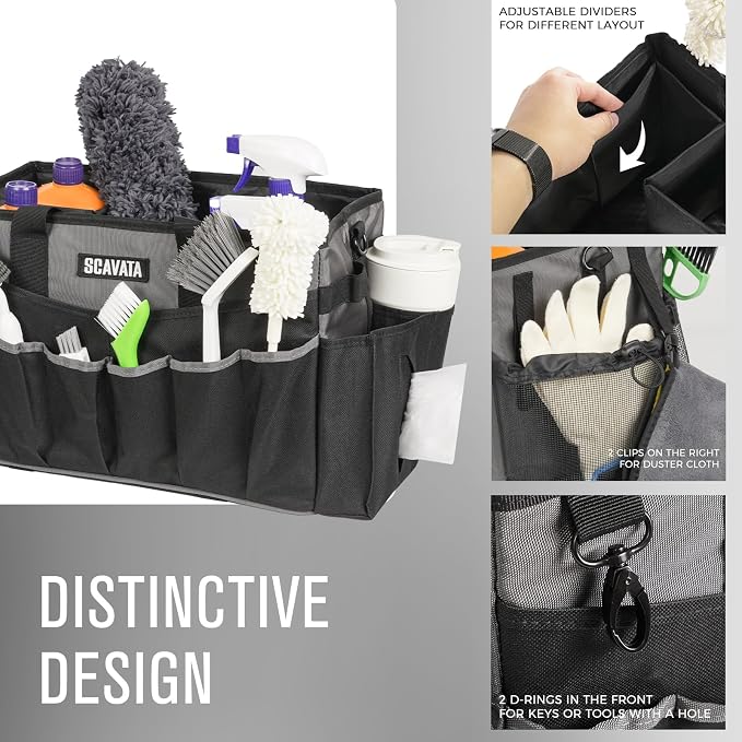 SCAVATA Wearable Cleaning Caddy Bag, Cleaning Caddy Supplies Organizer with Handle & Shoulder Straps for Housekeepers, Under Sink & Car Cleaning Tool Organizers with 4 Foldable Divider (DarkGrey)