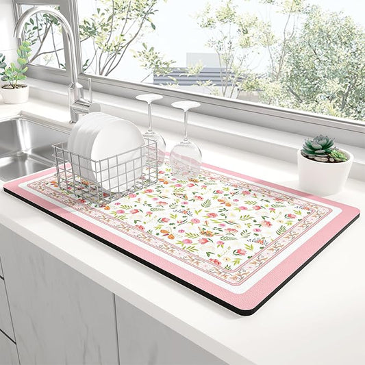 Rnivvi Dish Drying Mat for Kitchen Counter, XL 15 x 24" Cute Flower Theme Absorbent Draining Pad, Non-Slip Heat Resistant Coffee Bar Mats for Coffee Machine Station Accessories, Pink Dish Rack Pad