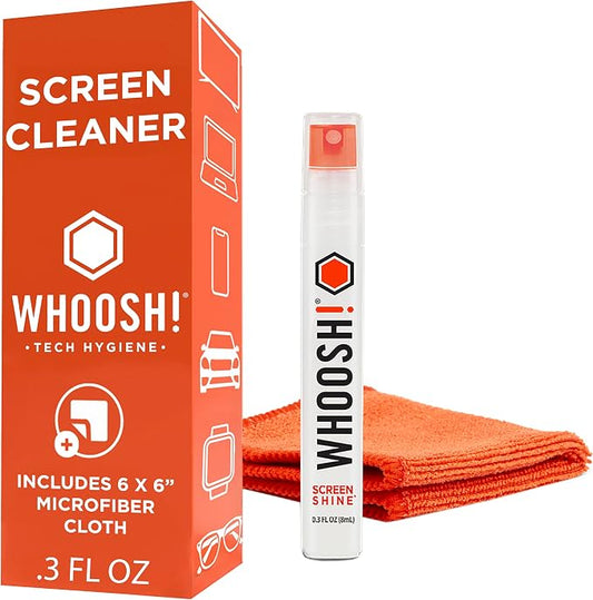 WHOOSH! Screen Shine Pocket 0.3 fl oz – Powerful Computer Screen Cleaner for Car, Laptop, Phone & Eyeglasses – Streak-Free Screen Cleaner Spray and Wipe, Sleek Leak-Free Bottle with Microfiber Cloth