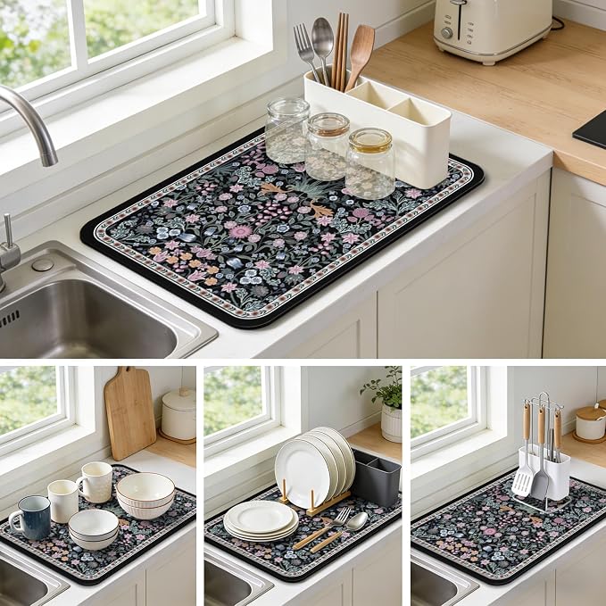 Vintage Floral Dish Drying Mat 18x24 Inch, Dish Mat Drying Kitchen Mats for Extra Large Absorbent Countertop, Aesthetic Boho Drying Matt Kitchen Counter Washable Heat Resistant Dish Drainer Rack Mat