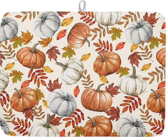Fall Dish Drying Mat for Kitchen Counter 18x24 Inch Fall Pumpkin Kitchen Mat Thanksgiving Harvest Drying Mats Absorbent Reversible Dish Pad Autumn Maple Leaves Draining Mat for Countertop Protector