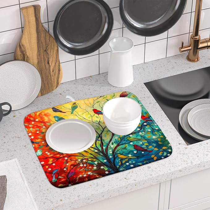 Colorful Spring Summer Tree Bird Dish Drying Mats for Kitchen Counter 16”x18” Absorbent Reversible Microfiber Spring Floral Dish Drying Pad Seasonal Flowers Mat Dish Draining Mat for Countertop Decor