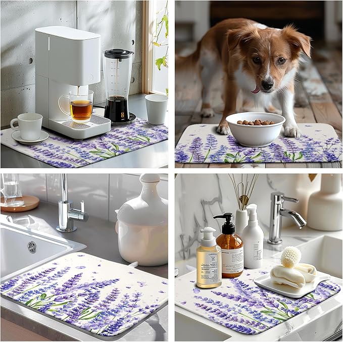 Purple Lavender Dish Drying Mat for Kitchen Counter Spring Summer Flower Floral Dishes Drainer Mats Absorbent Microfiber Dish Drying Pad Washable Dish Draining Mat Medium 16x18 Inch