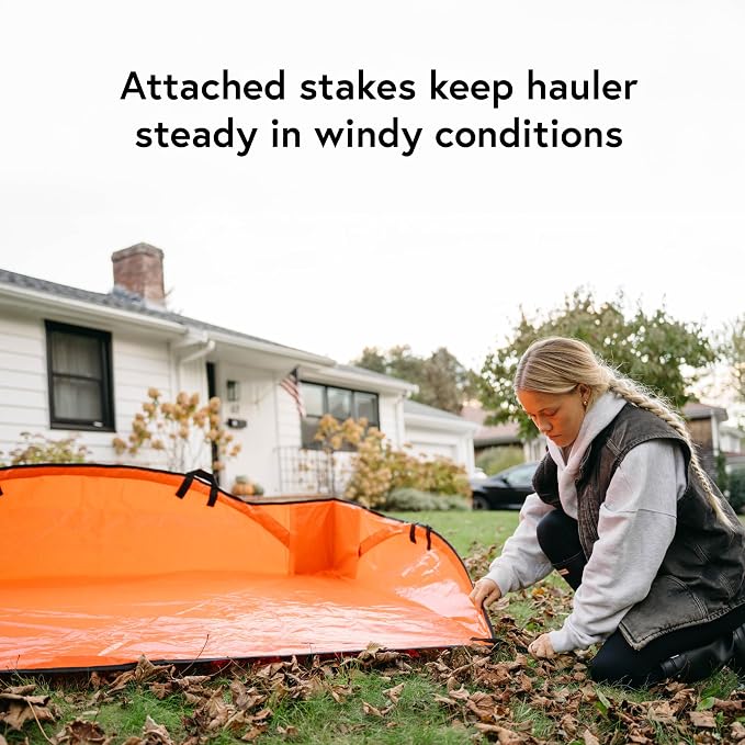 Leaf Tarp for Fast Yard Cleanup –Leaf Collection Tarp with 6 Handles & Ground Stakes – Lawn Leaf Bag for Raking, Garden Debris & Yard Waste Removal, Wind Proof, 5’ x 7’ Large Capacity