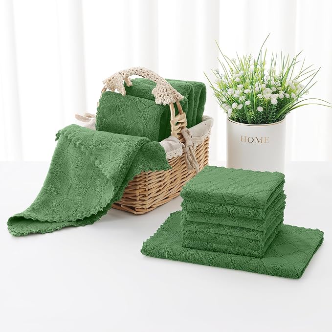 Homaxy Kitchen Towels and Dishcloths Set, 10 x 10 and 13 x 19 Inches, Set of 12 Super Soft and Absorbent Coral Velvet Kitchen Towels, No Lint and Nonstick Oil Fast Drying Dish Towel, Grass Green