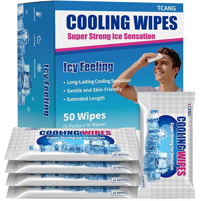 Cooling Face Body Wipes - 5 Packs of 10 (50 Wipes) - Disposable Individually Wrapped No-Rinse Cooling Towels, Extra-Thick Oversized Body Cleansing Wipes for Sports, Travel, and Camping in Hot Weather