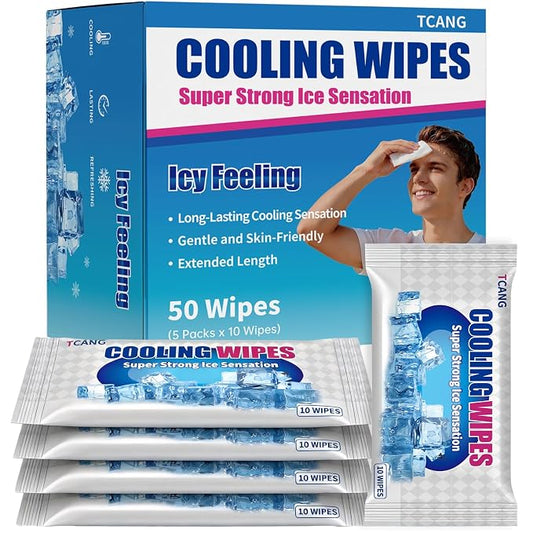 Cooling Face Body Wipes - 5 Packs of 10 (50 Wipes) - Disposable Individually Wrapped No-Rinse Cooling Towels, Extra-Thick Oversized Body Cleansing Wipes for Sports, Travel, and Camping in Hot Weather