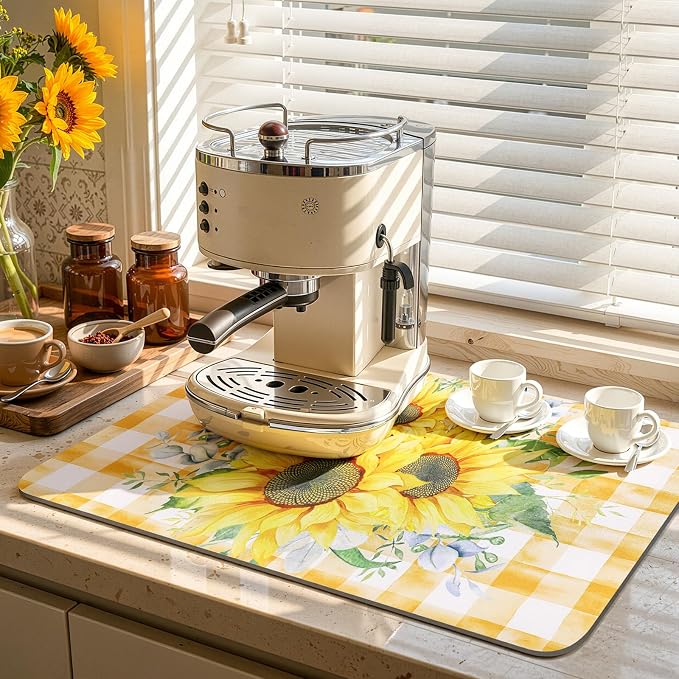 LOKHOM Dish Drying Mat for Kitchen Counter, 18"x24" Absorbent Coffee Bar Mat with Sunflowers, Vintage Floral Dish Drainer Rack Mat for Decoration