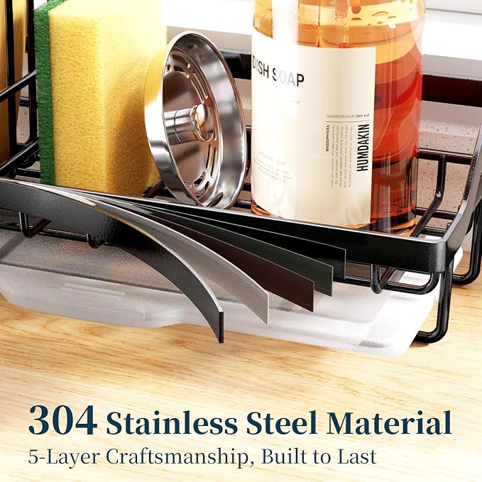 Consumest Sponge Holder for Kitchen Sink - Kitchen Sink Caddy Organizer with Removable Drip Tray for Countertop Dish Soap Dispenser Brush Storage Accessories 304 Stainless Steel - Black