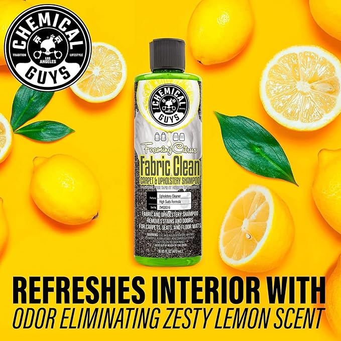 Chemical Guys, Citrus Foaming Fabric & Carpet Cleaner Drill Brush, 16 oz | Lifts coffee, food and pet stains and odors from carpet, mats and upholstery, drill brush agitates, citrus scent