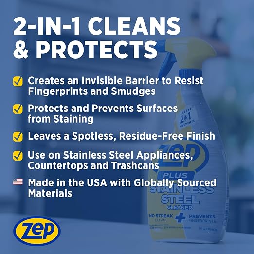 Zep Plus Stainless Steel Cleaner 32 oz (2 Units) & a Blue Microfiber Rag ECBD022 - Streak-Free Fingerprint Removal for Stainless Steel Appliances