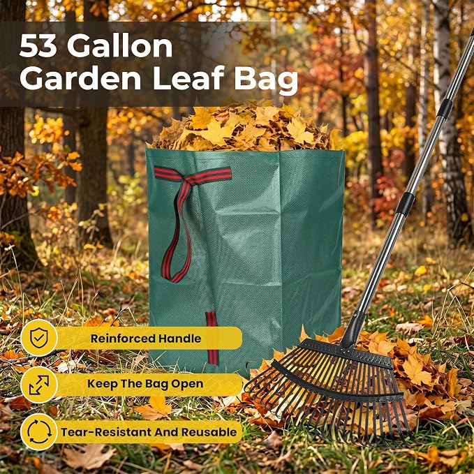 Rake for Leaves - 25 Tines Heavy Duty Metal Rake Set with Leaf Scoops & 53 Gallon Bag, Adjustable 67.5" Garden Rake, 3-in-1 Tool for Yard Pine Needle Grass Cleanup