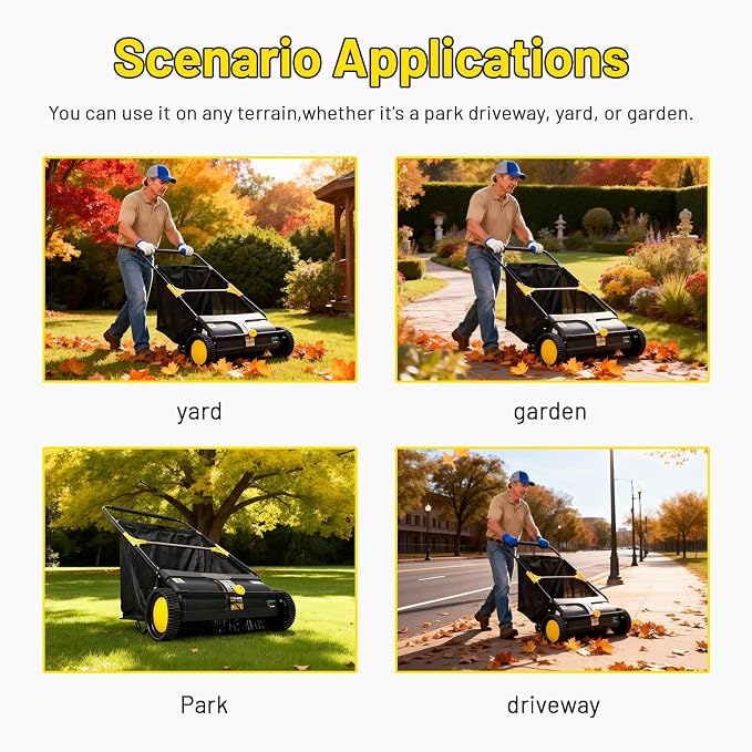 21 Inch Push Lawn Sweeper, Hand Powered Leaf & Grass Sweeper with 7 Cu Ft Hopper, 4 High-Speed Brushes, Height Adjustable, ABS & Steel Frame for Yard Lawn Cleanup (21 Inch Black)