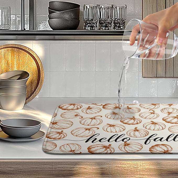 Hello Fall Dish Drying Mats Thanksgiving Pumpkin Dish Mat Autumn Drying Matt Dishes Dryer Pad for Kitchen Counter Absorbent Microfiber Washable Foldable Reusable 18x24 in