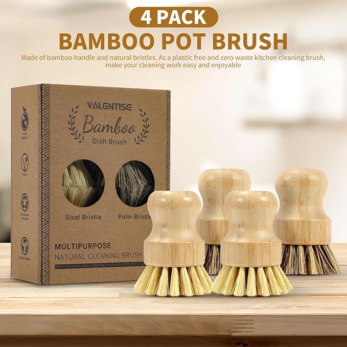 4 Pack Bamboo Dish Brush Set, Natural Palm Dish Scrubber for Pots and Vegetables, Sisal Bristle Bamboo Scrub Brush for Cleaning Dishes and Pans