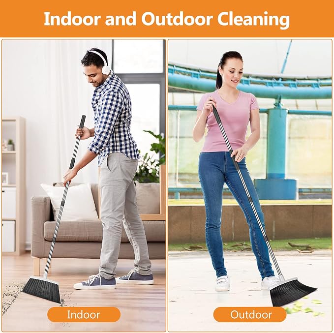 Folews Broom and Dustpan Set, Heavy Duty Dust Pan with Broom Combo Set | 51 Inch Long Handle, Upright Self-Cleaning, for Home Kitchen Lobby Indoor Outdoor Sweeping Cleaning Tool, Gray