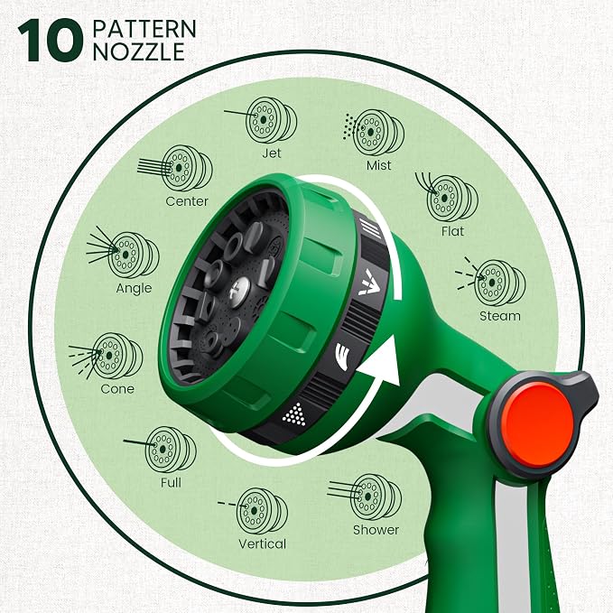 Heavy Duty Metal Garden Hose Nozzle, Thumb Control High Pressure Water Sprayer with 10 Adjustable Patterns, On Off Valve for Watering Plants & Lawns, Car Washing and Pet Showering