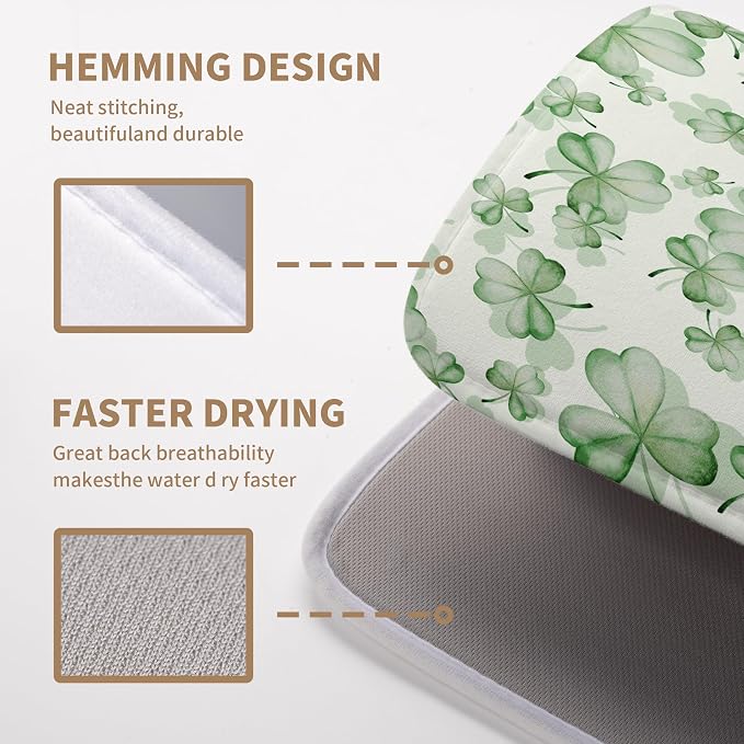Green Clover Kitchen Drying Mat St Patrick's Day Lucky Shamrock Dish Drying Mats Spring Sage Green Dishes Dry Mat Microfiber Washable Large Dish Pad Super Absorbent Dish Drainer Rack Mat 18x24 Inch