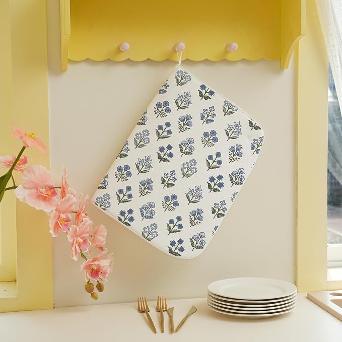 Block Print Dish Drying Mat 18x24 Inches For Kitchen Counter Boho Blue Flower Kitchen Decoration Drying Mat Modern Decorative Floral Drying Pad Mat for Home Kitchen Decor,Dining Room,Office