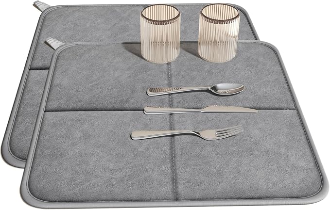 YDKGL 2 Pack PU Leather Dish Drying Mat for Kitchen Counter, Ultra Absorbent & Fast Drying Dish Mat Machine Washable Foldable Drying Pad for Countertops, Sinks, Draining Racks