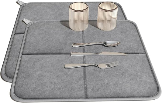 YDKGL 2 Pack PU Leather Dish Drying Mat for Kitchen Counter, Ultra Absorbent & Fast Drying Dish Mat Machine Washable Foldable Drying Pad for Countertops, Sinks, Draining Racks