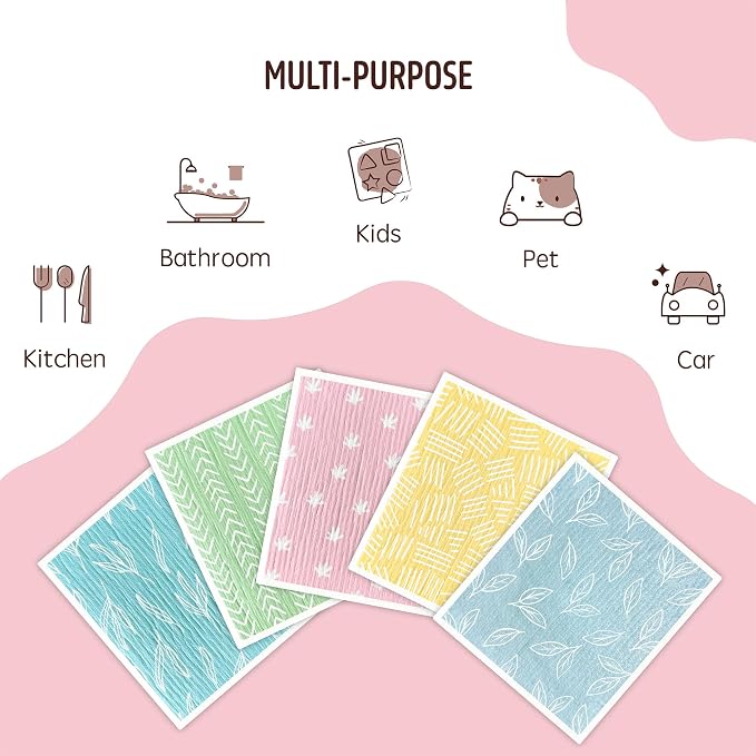 Swedish Dishcloths for Kitchen, 5 Pack Reusable Paper Towels Washable, Super Absorbent Swedish Dish Cloths, Non-Scratch, No Odor