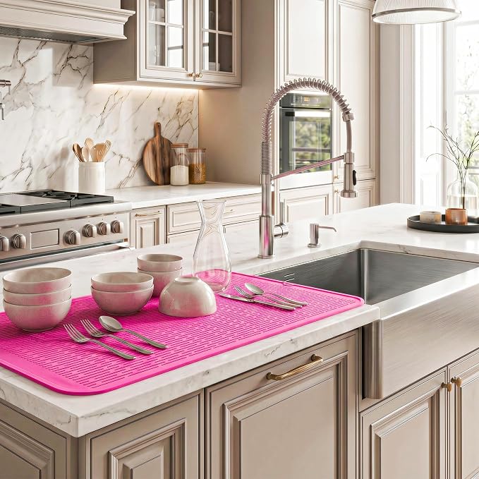 MicoYang Silicone Dish Drying Mat for Multiple Usage,Easy clean,Eco-friendly,Heat-resistant Silicone Mat for Kitchen Counter or Sink,Refrigerator or Drawer Liner Rose 4XL 32 inches x 18 inches