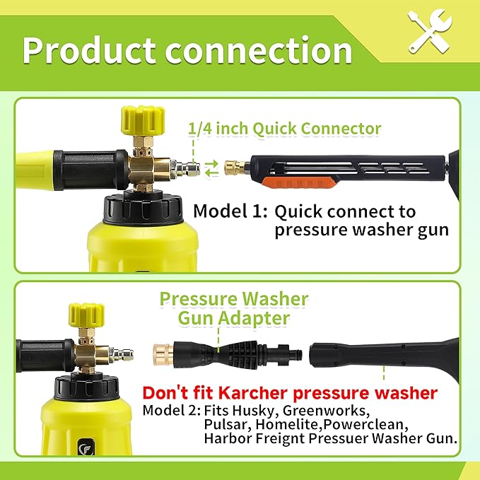 FIXFANS Foam Cannon, Compatible with Portland Husky Ryobi Pressure Washer | Wide Neck Pressure Washer Foam Lance, Power Washer Foam Blaster, 1/4 Inch Quick Connector, 5 Nozzles, 1L