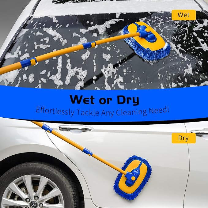 Ordenado 15°Curved Car Wash Brush with Long Handle, 43" Car Cleaning Brush with Extension Pole, Microfiber RV Wash Mop Scratch-Free, Exterior Washer Mop for Washing Roof Truck Camper SUV Caravan Blue