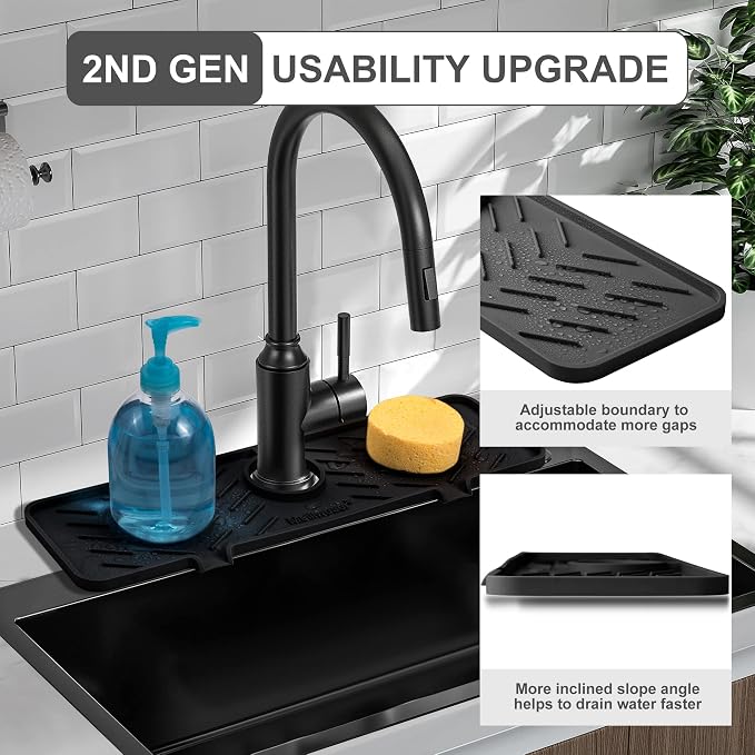 Silicone Faucet Mat for Kitchen Sink – Gen 2 Splash Guard with Upgraded Outlet & Slope – 18” x 5.1” Water Catcher & Sink Sponge Holder for Kitchen and Bathroom (Black)
