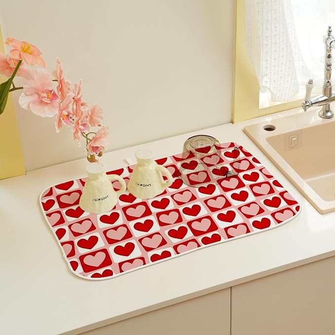 Valentines Day Dish Drying Mats 18x24 Inch Pink Red Heart Plaid Drying Mats Anniversary Holiday Checkered Valentines Decorations Absorbent Drying Dish Mats for Kitchen Dining Room Counter Decor