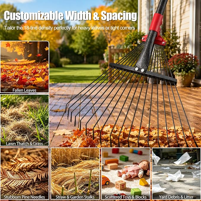 Adjustable Metal Leaf Rake for Leaves, 60 Inch Long Handle Yard Rake with 18 Metal Tines & 8-18" Expandable Head, Lightweight Garden Rake for Lawns, Grass Clippings, Pine Needles