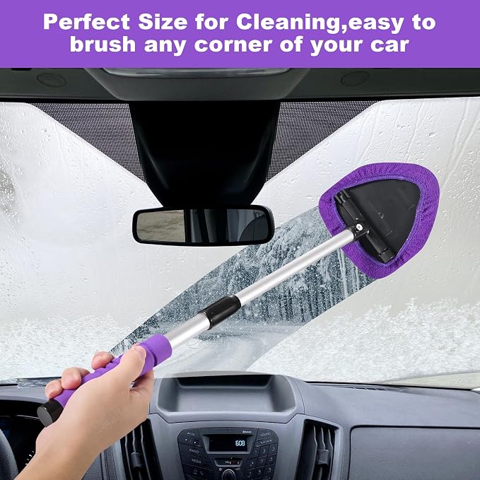 XINDELL Interior Windshield Cleaner Tool, 24" Long Reach Car Glass Cleaner with Microfiber Pads, Extendable Handle for SUV Truck Slanted Windshield & Hard-to-Reach Areas