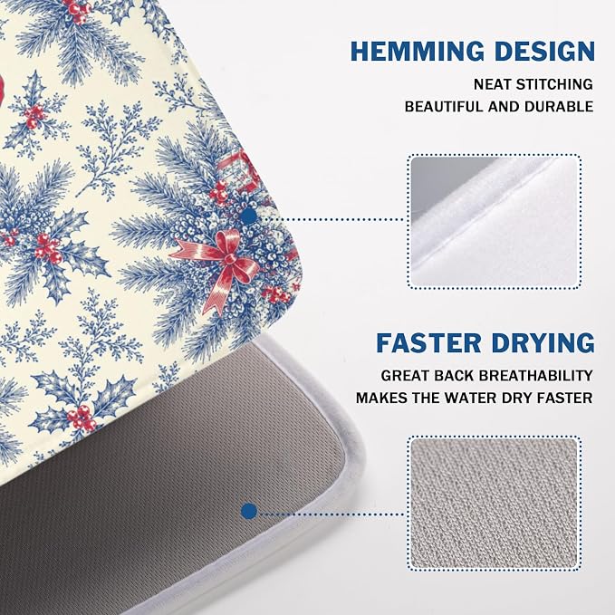 Christmas Santa Claus Dish Drying Mat for Kitchen Counter 18x24 Inch | Vintage Blue Chinoiserie Christmas Holly Leaves Dish Drainer Mat Rustic Xmas Holiday Absorbent Washable Drying Pad