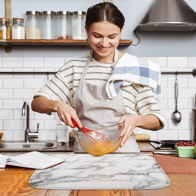 Sanwarm Absorbent Dish Drying Mat, Marble Gray Stone Paint Microfiber Pad for Kitchen Counter, Coffee Bar Decor, Heat Resistant and Reversible, 16" x 18"