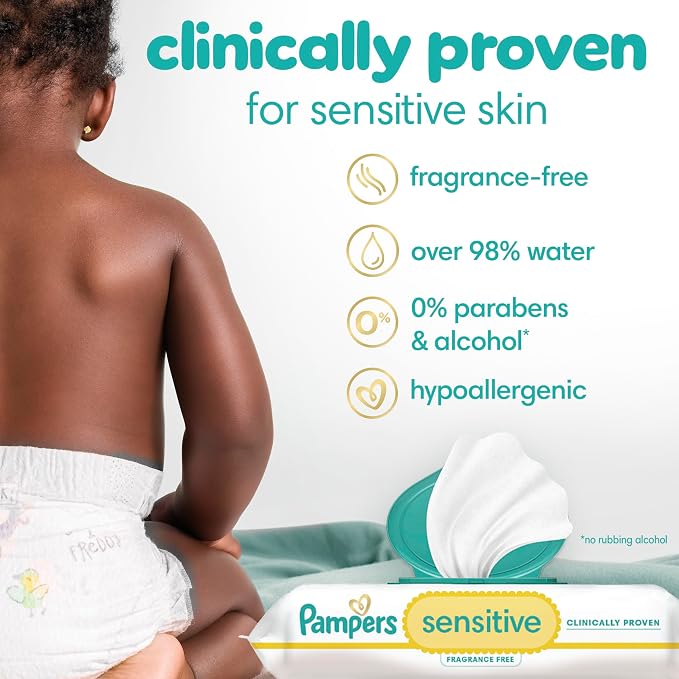 Pampers Sensitive Baby Wipes, Water Based, Clinically Proven, Hypoallergenic, and Unscented for Babies, 1008 Wipes Total (12 Flip-Top Packs) [Packaging May Vary]