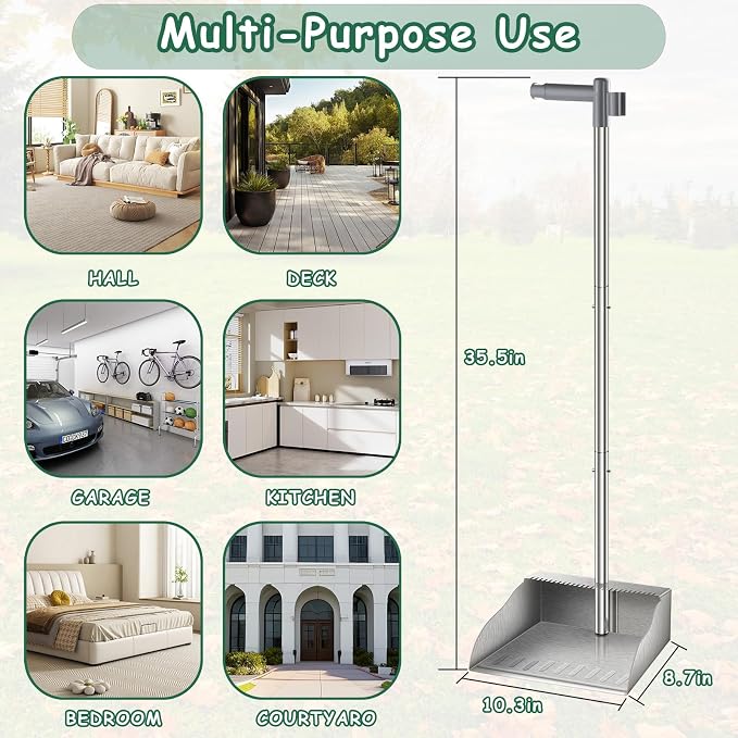 Dust Pans with Long Handle,Heavy Duty Metal Dust Pan with Dust Pan Teeth | Stand Up Dustpan with 3pcs Adjustable Handle,Stainless Steel Dust Pan with Teeth to Clean Hair for Home,Outdoor,Office,Garden