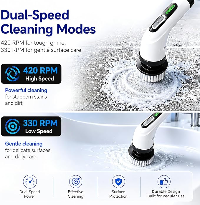 Highyes Electric Spin Scrubber for Bathroom | IPX7 Waterproof Shower Scrubber with Extendable Long Handle，Bathroom Cleaning Scrubber with 7 Reusable Brush Heads