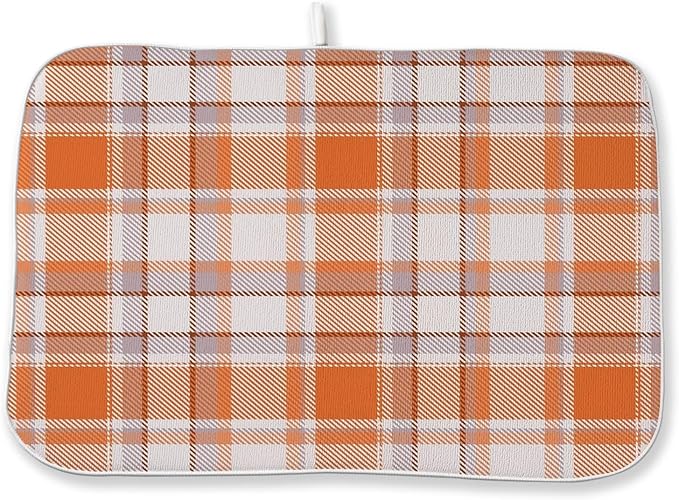Fall Checkered Dish Drying Mats 18x24 Inch Autumn Burnt Orange Grey Buffalo Plaid Drying Mats Holiday Thanksgiving Dish Drying Pad Dish Rack Drainer Mats for Kitchen Dining Room Counter Decor