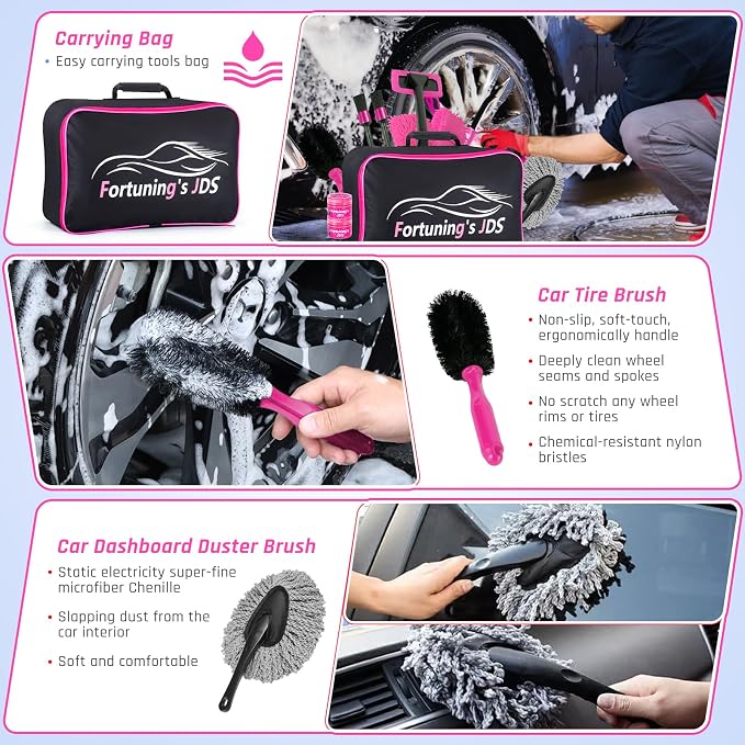 34PCS Car Detailing Brush Set, Car Detailing Kit, Car Detailing Brushes, Car Cleaning Kit, Professional Car Care kit - Car Wash Brush kit for Interior Exterior Wheels, Pink Car Accessories for Women
