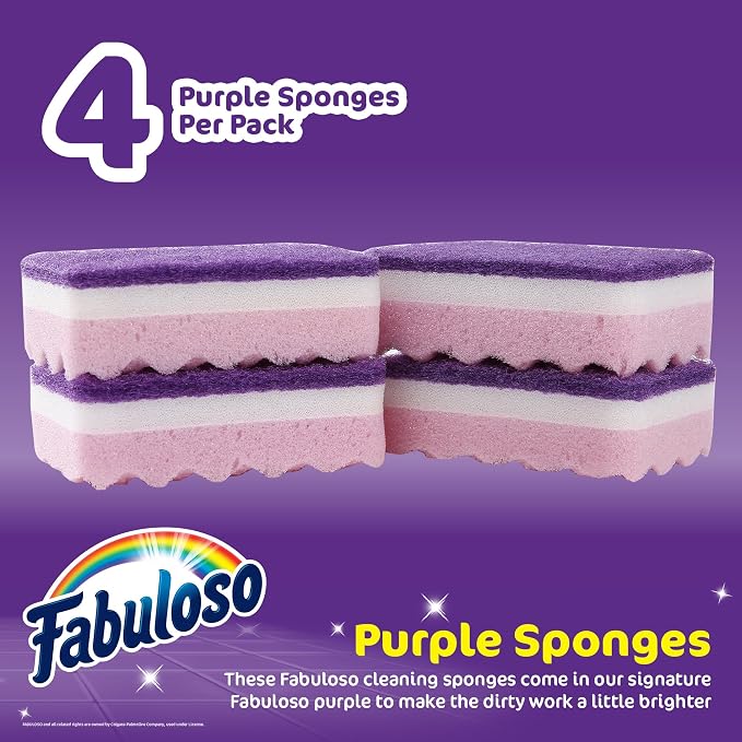 Fabuloso Scratch-Free Kitchen Dish Sponges Purple Cellulose Scrubber Sponge with Scouring Pad Dishes Pots Pans Counters and Sinks Tough on Messes 4.25 x 2.75 x 1.25 in 4 Count Single Pack Value