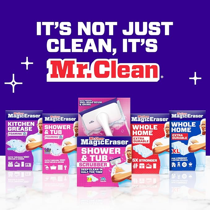 Mr. Clean Magic Eraser Sponge, All Purpose Cleaner, Cleaning Scrubber, Wall, Sneaker, Kitchen, Bathroom, Shower Cleaning Supplies, Melamine Sponge, Cleaning Pads, Whole Home Extra Durable, 12ct